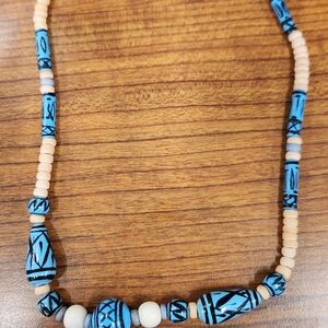 Blue and Cream Beaded Necklace